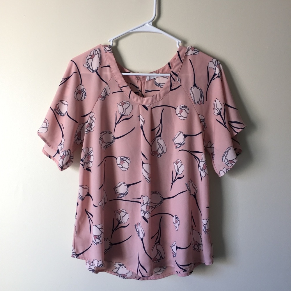 Pink Blouse with Flowers NEW blue and white flower